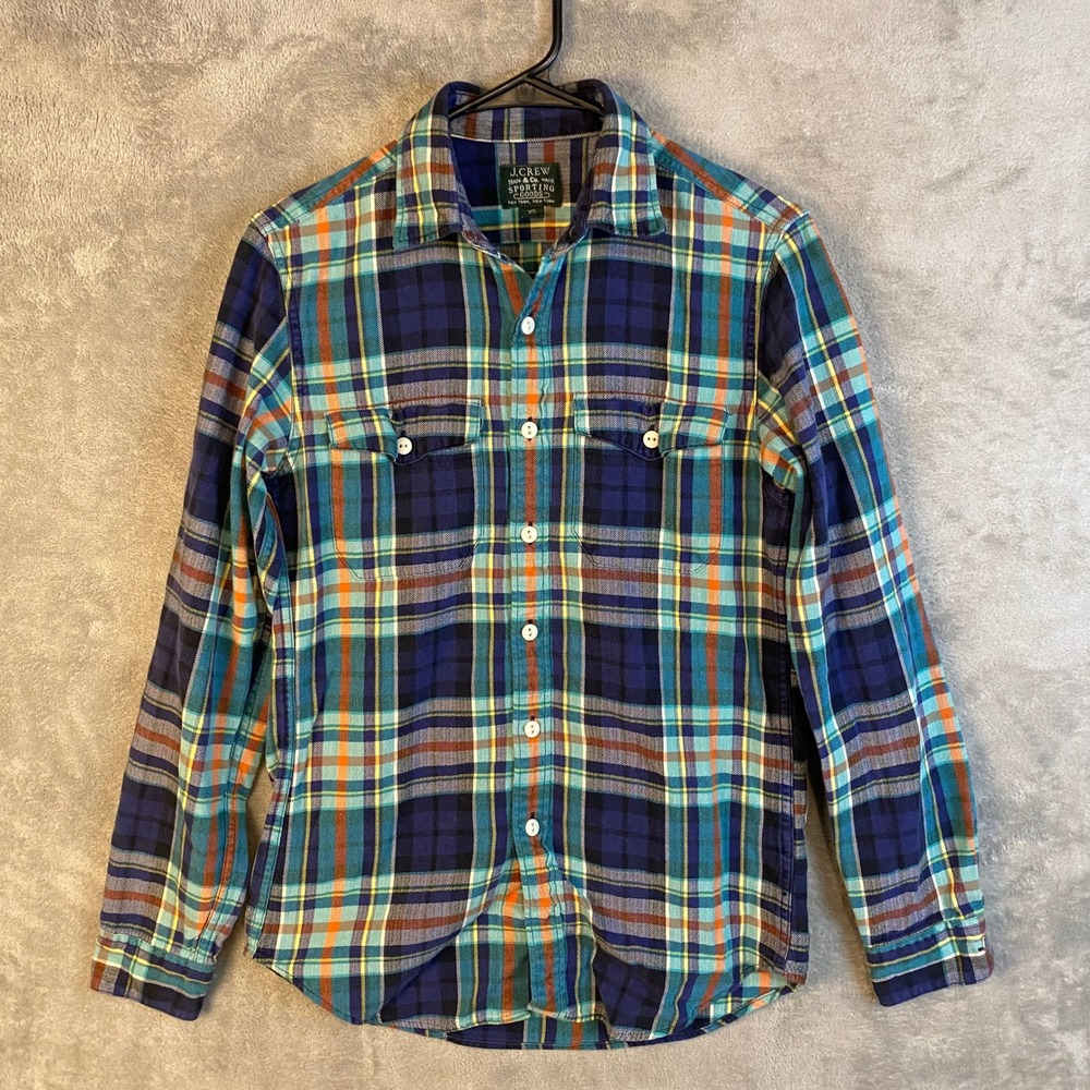J.Crew Plaid Shirt Mens XS‎ Sporting Goods Blue Orange Flannel EUC